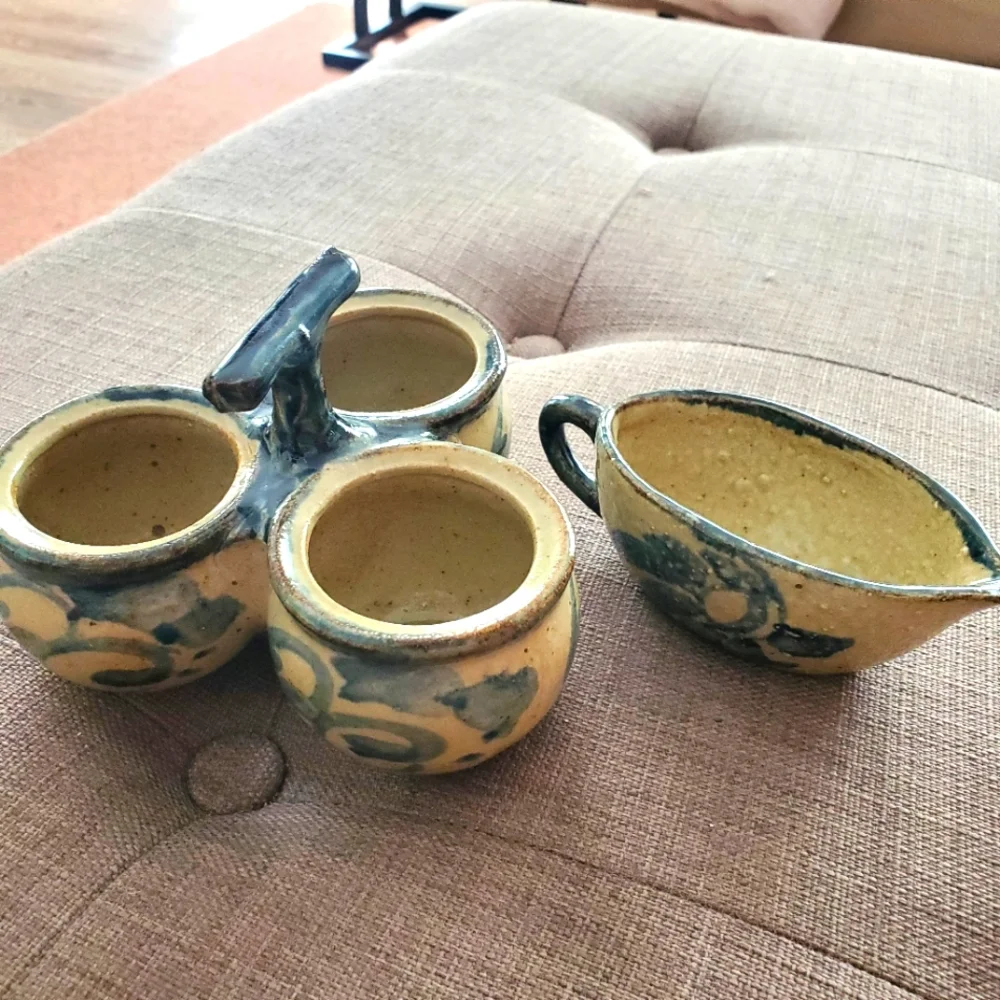 Succulent Planter Condiment Holder Ramekin Trio Sauce Dish Blue Rustic Pottery - Picture 2 of 14
